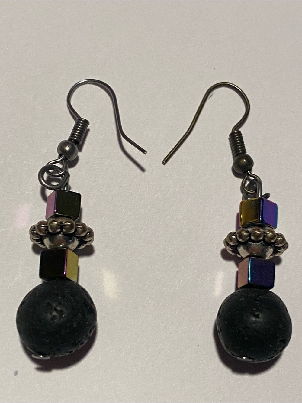 Artisan Iridescent Cube & Black Lava Drop pierced Earrings